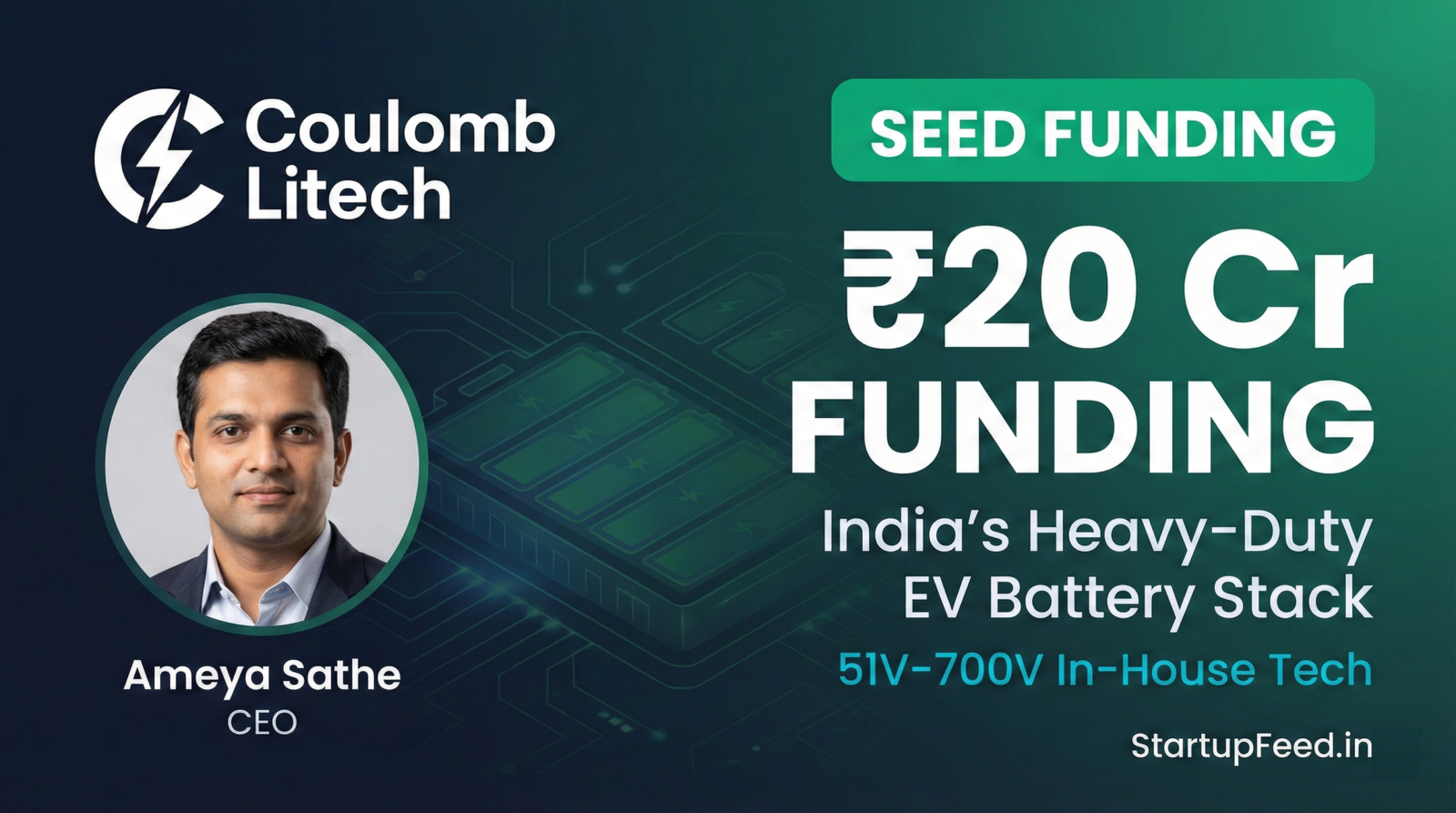 Coulomb Litech CEO Ameya Sathe alongside the ₹20 Cr seed funding announcement. The startup builds 51V to 700V heavy-duty EV batteries for electric tractors, cranes, and commercial machines.