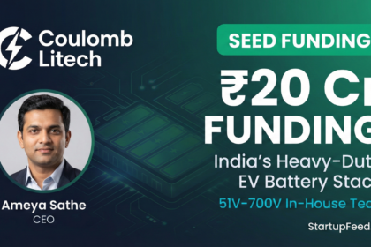 Coulomb Litech CEO Ameya Sathe alongside the ₹20 Cr seed funding announcement. The startup builds 51V to 700V heavy-duty EV batteries for electric tractors, cranes, and commercial machines.
