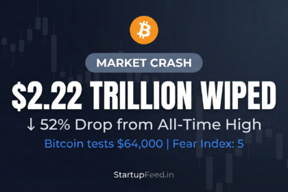 Analytical graphic displaying the 2026 crypto market crash, highlighting a $2.22 trillion wipeout, a 52% drop from the all-time high, and Bitcoin testing $64,000 amid extreme market fear
