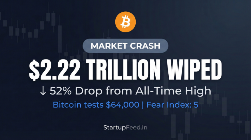 Analytical graphic displaying the 2026 crypto market crash, highlighting a $2.22 trillion wipeout, a 52% drop from the all-time high, and Bitcoin testing $64,000 amid extreme market fear