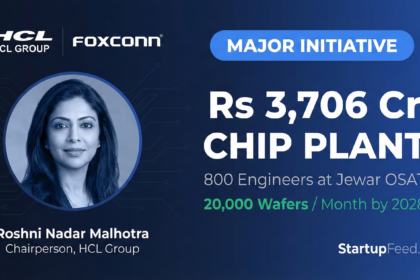 Roshni Nadar Malhotra of HCL Group alongside key metrics for the Rs 3,706 Cr HCL-Foxconn semiconductor OSAT facility in Jewar, Uttar Pradesh, highlighting the demand for 800 engineers by 2028.