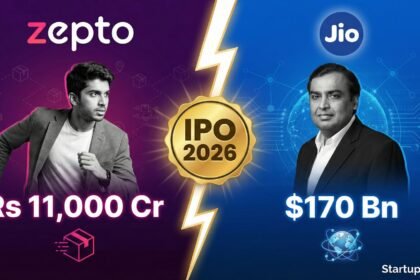 Featured image showing a split-screen comparison between Zepto and Jio for their 2026 IPOs. Left: Aadit Palicha with Zepto logo and Rs 11,000 Cr valuation. Right: Mukesh Ambani with Jio logo and $170 Bn valuation. Theme: Clash of Generations.