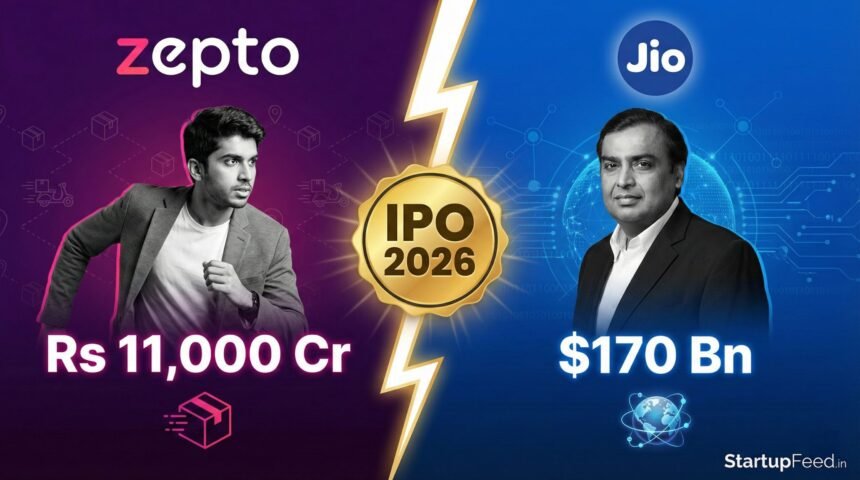 Featured image showing a split-screen comparison between Zepto and Jio for their 2026 IPOs. Left: Aadit Palicha with Zepto logo and Rs 11,000 Cr valuation. Right: Mukesh Ambani with Jio logo and $170 Bn valuation. Theme: Clash of Generations.