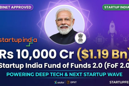 Prime Minister Narendra Modi alongside the Startup India logo, highlighting the Cabinet's approval of the Rs 10,000 Crore Fund of Funds 2.0 for deep tech and advanced manufacturing startups.
