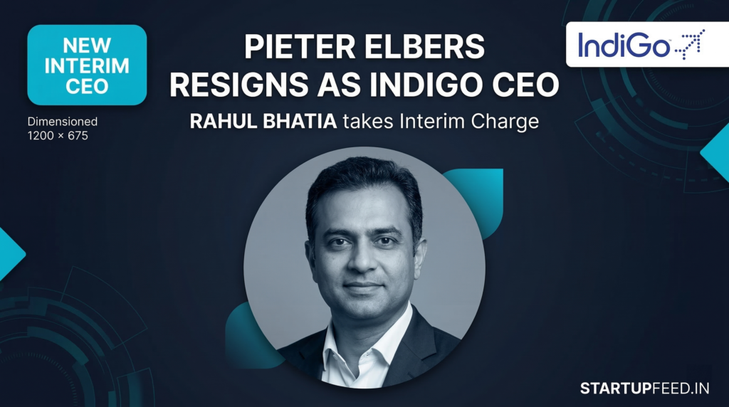 News graphic announcing IndiGo CEO Pieter Elbers' sudden resignation in March 2026, highlighting the fallout from the December FDTL flight crisis, the Rs 22.20 Cr DGCA penalty, and co-founder Rahul Bhatia's appointment as interim CEO