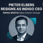 News graphic announcing IndiGo CEO Pieter Elbers' sudden resignation in March 2026, highlighting the fallout from the December FDTL flight crisis, the Rs 22.20 Cr DGCA penalty, and co-founder Rahul Bhatia's appointment as interim CEO