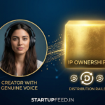 Conceptual 3D gold bar with digital circuits representing IP ownership in the AI video gold rush, featuring StartupFeed.in branding.