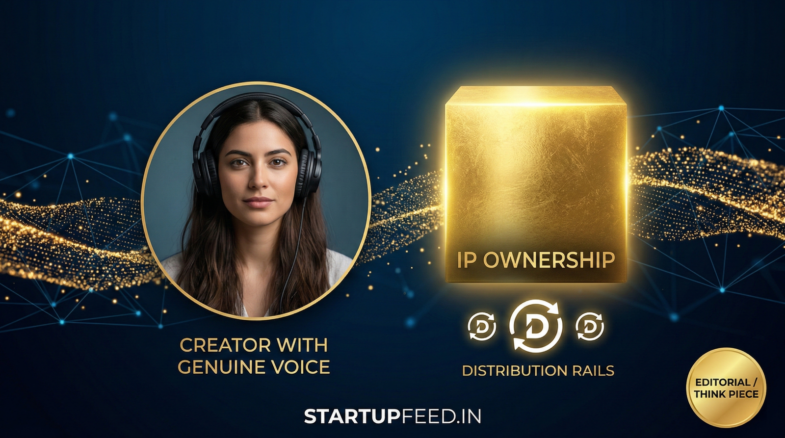 Conceptual 3D gold bar with digital circuits representing IP ownership in the AI video gold rush, featuring StartupFeed.in branding.