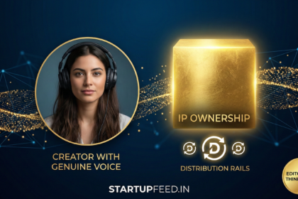 Conceptual 3D gold bar with digital circuits representing IP ownership in the AI video gold rush, featuring StartupFeed.in branding.