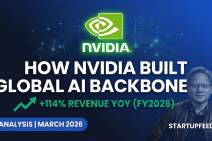 Infographic of NVIDIA AI backbone showing CEO Jensen Huang, Blackwell GPU architecture, and FY2026 revenue growth for StartupFeed India.