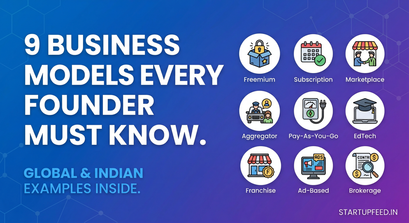 Infographic showing 9 startup business models explained with Indian and global examples including Freemium, Subscription, and Marketplace.