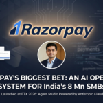 Harshil Mathur, CEO of Razorpay, presenting Agent Studio at FTX 2026. The visual shows AI agents for WhatsApp dispute management, cashflow forecasting, and abandoned cart recovery built on Anthropic Claude for Indian SMBs.