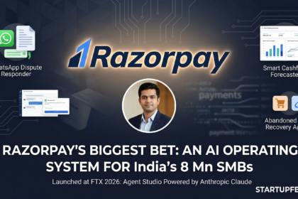 Harshil Mathur, CEO of Razorpay, presenting Agent Studio at FTX 2026. The visual shows AI agents for WhatsApp dispute management, cashflow forecasting, and abandoned cart recovery built on Anthropic Claude for Indian SMBs.