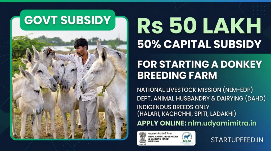 The DAHD's NLM-EDP scheme provides a 50% capital subsidy of up to Rs 50 lakh to entrepreneurs starting an indigenous donkey breeding farm in India.