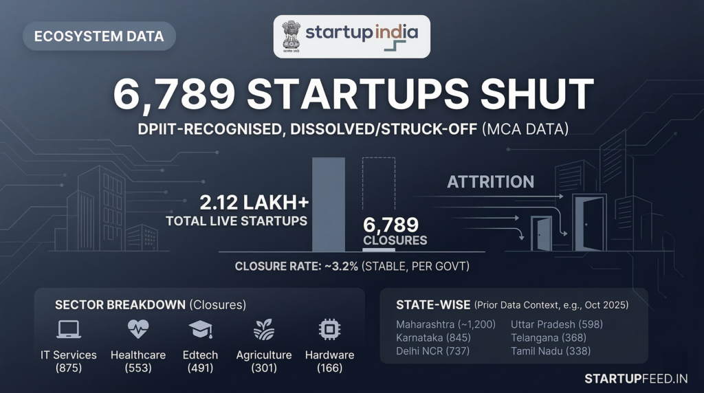 Ecosystem data infographic detailing 6,789 DPIIT-recognised startup closures against 2.12 lakh live startups in India. Includes a sector breakdown showing IT Services, Healthcare, and Edtech leading closures, plus state-wise data for Maharashtra, Karnataka, and Delhi NCR.