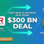 Infographic detailing the $300 billion deal for the first new US oil refinery in 50 years, featuring the America First Refining logo, Reliance Industries logo, and a portrait of Chairman Mukesh Ambani.