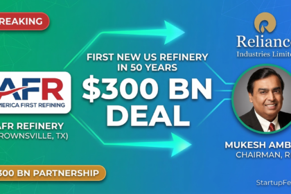 Infographic detailing the $300 billion deal for the first new US oil refinery in 50 years, featuring the America First Refining logo, Reliance Industries logo, and a portrait of Chairman Mukesh Ambani.
