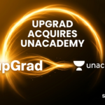 upGrad and Unacademy logos highlighting the 100% all-stock acquisition deal, marking India's biggest edtech consolidation in 2026.