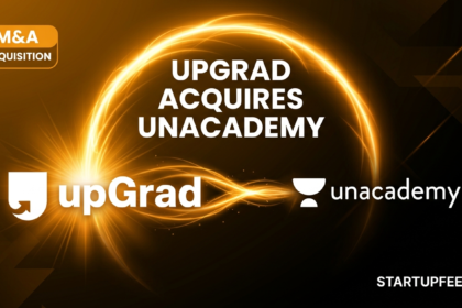 upGrad and Unacademy logos highlighting the 100% all-stock acquisition deal, marking India's biggest edtech consolidation in 2026.
