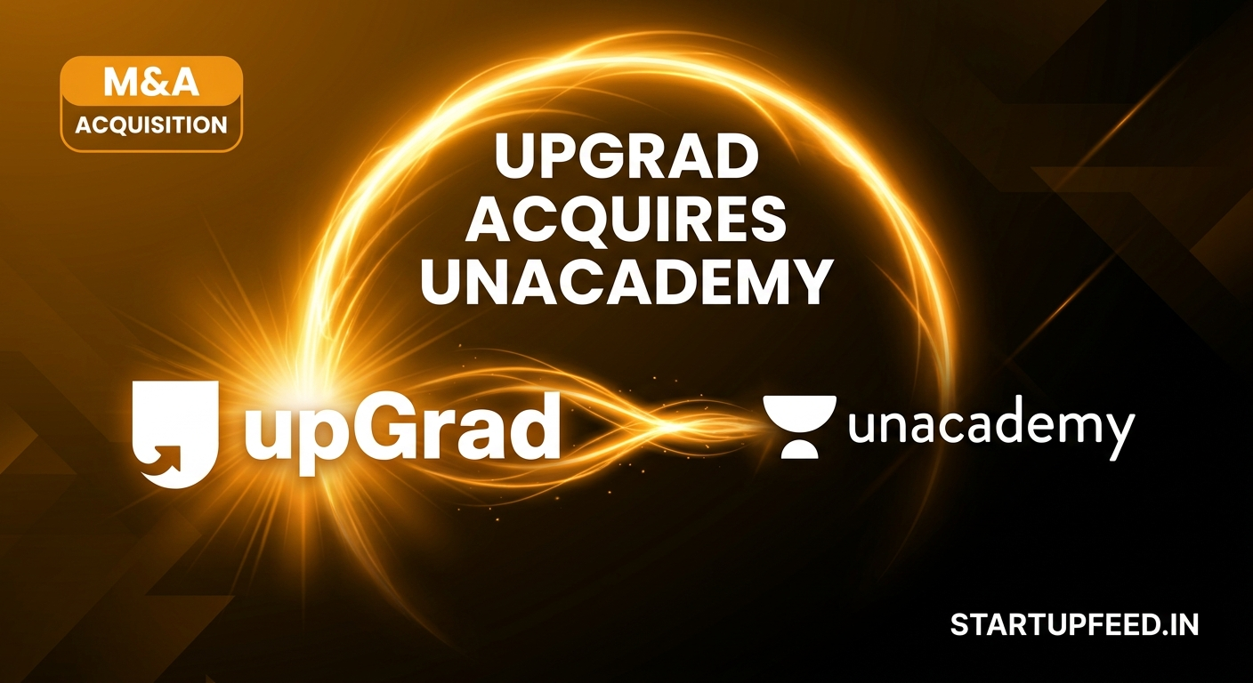 upGrad and Unacademy logos highlighting the 100% all-stock acquisition deal, marking India's biggest edtech consolidation in 2026.