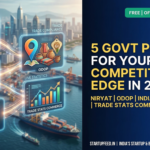 Infographic displaying 5 essential government websites for Indian businesses in 2026—NIRYAT for export data, ODOP for district schemes, Indian Trade Portal for compliance, Trade Stats Commerce for live statistics, and IBEF for market intelligence—overlaid on a modern trade port background.