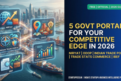 Infographic displaying 5 essential government websites for Indian businesses in 2026—NIRYAT for export data, ODOP for district schemes, Indian Trade Portal for compliance, Trade Stats Commerce for live statistics, and IBEF for market intelligence—overlaid on a modern trade port background.