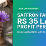 A farmer holding fresh Kashmiri saffron flowers alongside an indoor aeroponic farm, highlighting the Rs 15 to 35 lakh profit per acre opportunity in India's red gold agri-business.