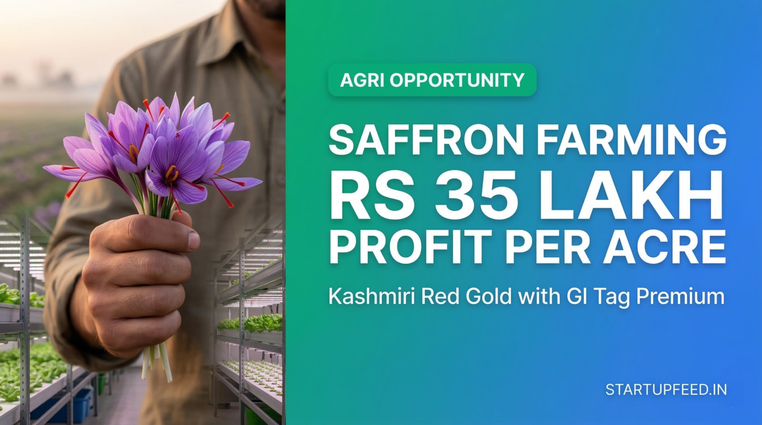 A farmer holding fresh Kashmiri saffron flowers alongside an indoor aeroponic farm, highlighting the Rs 15 to 35 lakh profit per acre opportunity in India's red gold agri-business.
