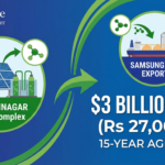 Infographic of Reliance Industries signing a $3 billion green ammonia supply deal with Samsung C&T featuring the Jamnagar Giga Complex and shipping routes to South Korea.