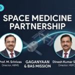 Infographic showing the historic space medicine partnership between AIIMS New Delhi and ISRO's Human Space Flight Centre (HSFC), featuring Directors Prof. M. Srinivas and Dinesh Kumar Singh, linking medical research to the Gaganyaan and BAS missions.