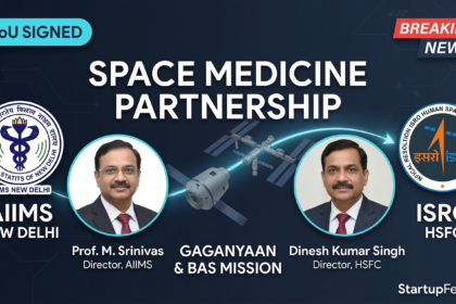 Infographic showing the historic space medicine partnership between AIIMS New Delhi and ISRO's Human Space Flight Centre (HSFC), featuring Directors Prof. M. Srinivas and Dinesh Kumar Singh, linking medical research to the Gaganyaan and BAS missions.