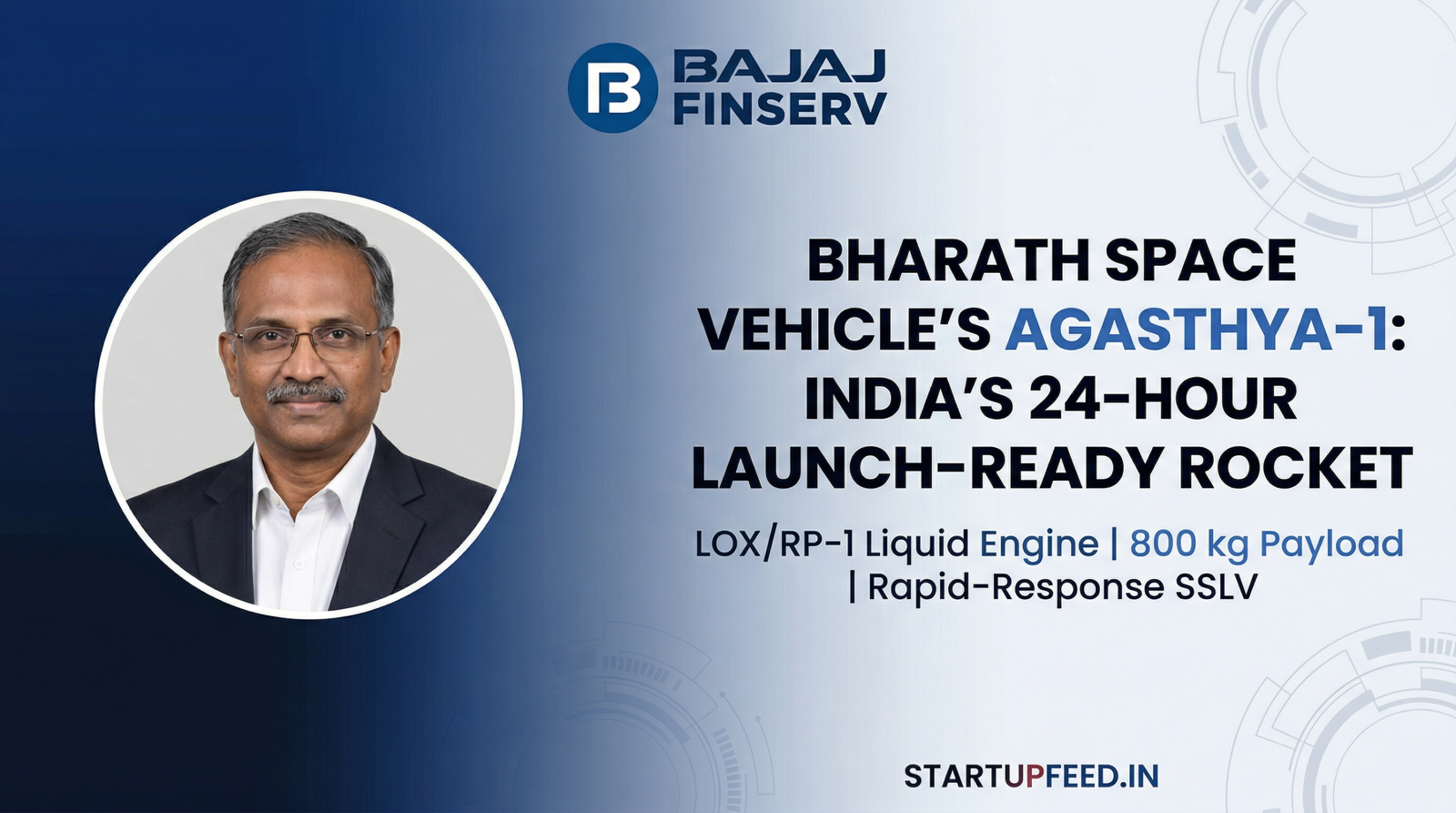 Agasthya-1 small satellite launch vehicle by Bharath Space Vehicle, featuring a 24-hour launch readiness window and LOX/RP-1 liquid engine.