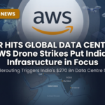 Visual showing AWS logo and drone strikes over a map connecting the Middle East and India via submarine data cables, symbolizing cloud workload rerouting.