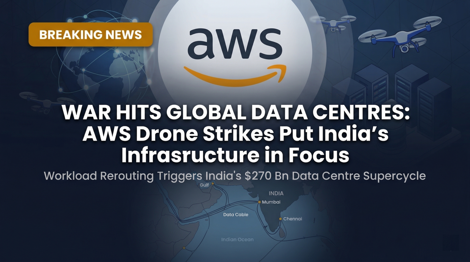 Visual showing AWS logo and drone strikes over a map connecting the Middle East and India via submarine data cables, symbolizing cloud workload rerouting.