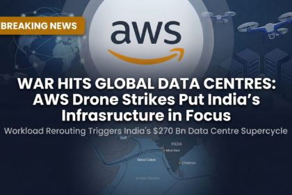 Visual showing AWS logo and drone strikes over a map connecting the Middle East and India via submarine data cables, symbolizing cloud workload rerouting.