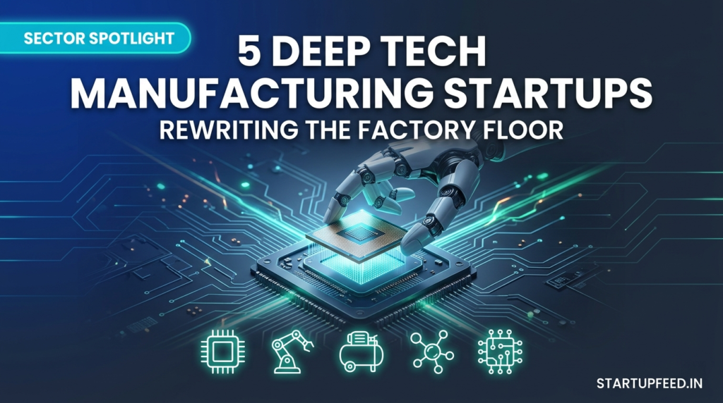 A robotic arm placing a glowing semiconductor chip on a circuit board, representing the 5 deep tech manufacturing startups rewriting India's factory floor in 2026.