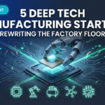 A robotic arm placing a glowing semiconductor chip on a circuit board, representing the 5 deep tech manufacturing startups rewriting India's factory floor in 2026.
