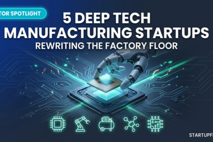 A robotic arm placing a glowing semiconductor chip on a circuit board, representing the 5 deep tech manufacturing startups rewriting India's factory floor in 2026.