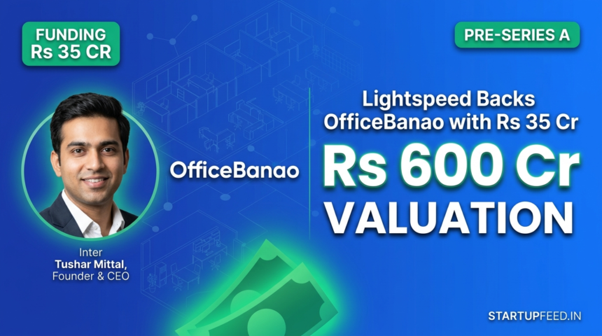 OfficeBanao founder Tushar Mittal alongside a modern commercial workspace, representing the startup's Rs 35 Crore funding round led by Lightspeed at a Rs 600 Crore valuation in 2026.