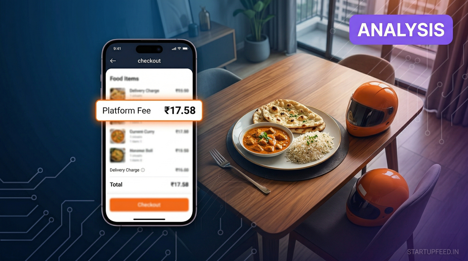Featured image showing a smartphone checkout screen with a highlighted platform fee of ₹17.58 next to a plate of food and a delivery helmet, illustrating the rising cost of India's convenience economy in 2026 for StartupFeed.in.