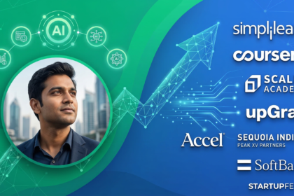 Professional featured image showing logos of Simplilearn, Coursera, Scaler, and upGrad with a digital growth arrow representing India's 3.6 million GenAI enrollments in 2026.