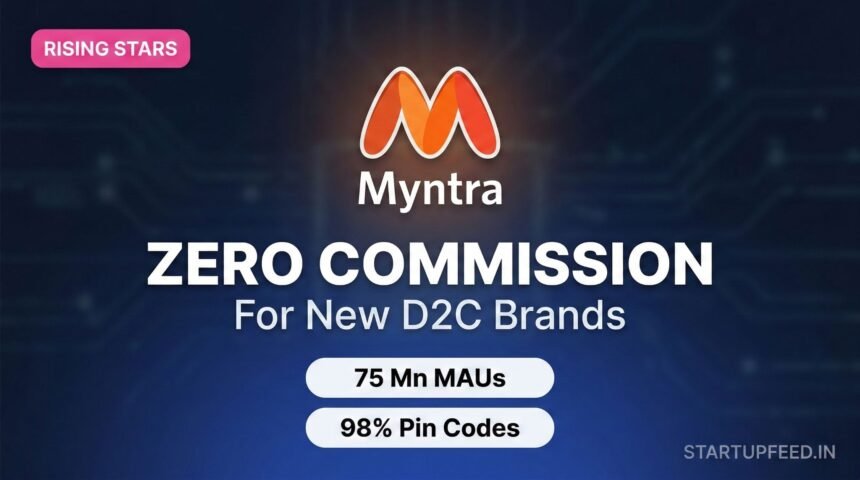Featured graphic illustrating Myntra's zero-commission model for new homegrown D2C brands under the Rising Stars programme. The image highlights key platform metrics, including 75 million monthly active users and 98% pin code delivery reach.