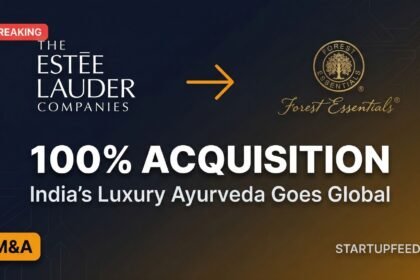 Breaking news graphic showing The Estée Lauder Companies logo, an arrow, and the Forest Essentials logo, with text reading '100% Acquisition' and 'India’s Luxury Ayurveda Goes Global
