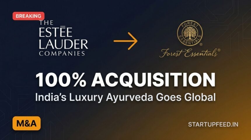 Breaking news graphic showing The Estée Lauder Companies logo, an arrow, and the Forest Essentials logo, with text reading '100% Acquisition' and 'India’s Luxury Ayurveda Goes Global