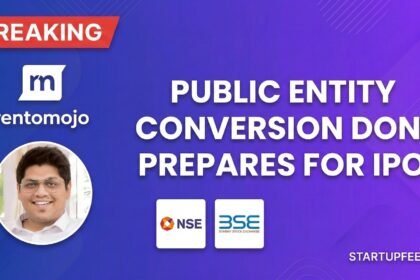 Headshot of Rentomojo CEO Geetansh Bamania with 'Breaking' news headline 'Public Entity Conversion Done, Prepares for IPO' on a deep blue background.