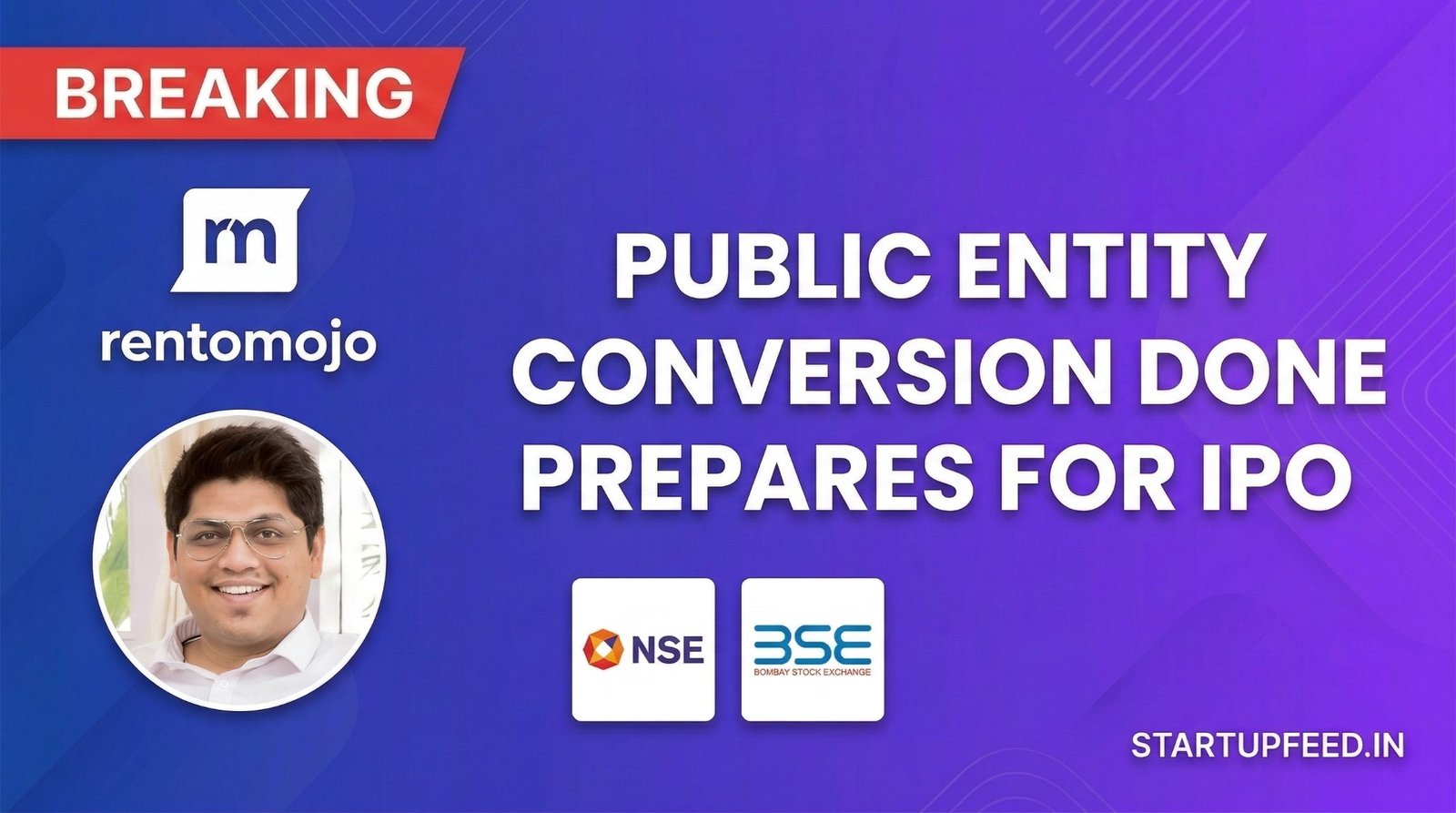 Headshot of Rentomojo CEO Geetansh Bamania with 'Breaking' news headline 'Public Entity Conversion Done, Prepares for IPO' on a deep blue background.