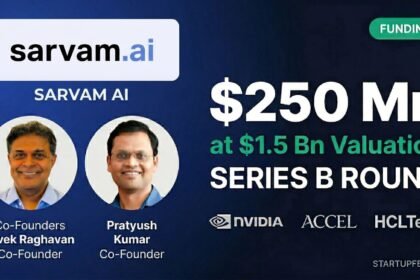 A StartupFeed infographic showing that Sarvam AI raised $250 Mn at a $1.5 Bn valuation in its Series B round, with logos for investors Nvidia, Accel, and HCLTech, and photos of Co-Founders Vivek Raghavan and Pratyush Kumar.