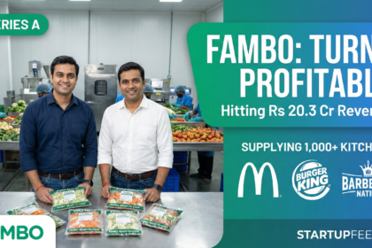 Co-founders of Fambo, Akshay Tripathi and Sudarshan Satle, at their Noida processing facility holding semi-processed vegetable packs. Logos of clients McDonald's, Burger King, and Barbeque Nation are visible on a green StartupFeed background.