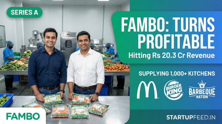Co-founders of Fambo, Akshay Tripathi and Sudarshan Satle, at their Noida processing facility holding semi-processed vegetable packs. Logos of clients McDonald's, Burger King, and Barbeque Nation are visible on a green StartupFeed background.