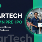 Professional featured image of KaarTech founders Maran Nagarajan and Ratnakumar N in their Chennai facility. Text overlay highlights the Rs 100 Crore pre-IPO funding from Playbook Partners for their SAP AI platform, KTern.AI.